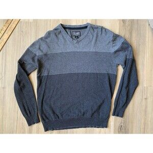 Mens Retrofit Black Gray Striped V-Neck Sweater LARGE Soft Fine Weave